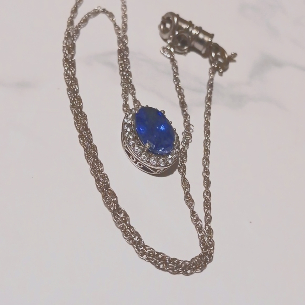 Big Blue Sapphire Surrounded By White Sterling Setting/Chain